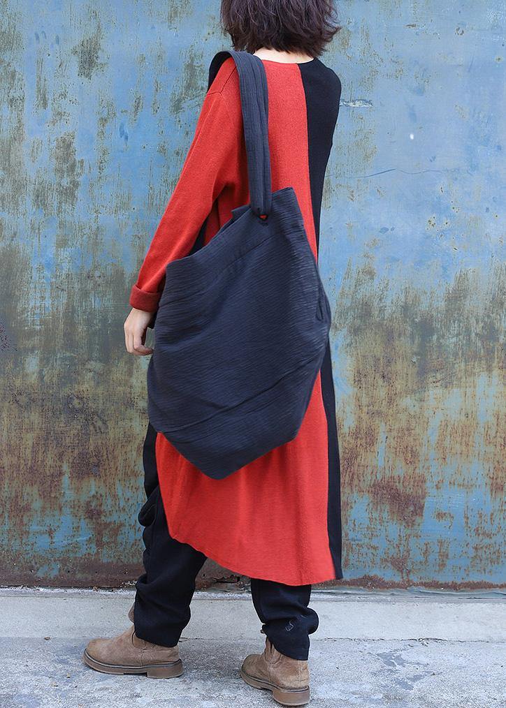 ウィンター アシンメトリー ニットスウェットトップス プラスサイズ対応 レッド×ブラック パッチワーク ニットアウター